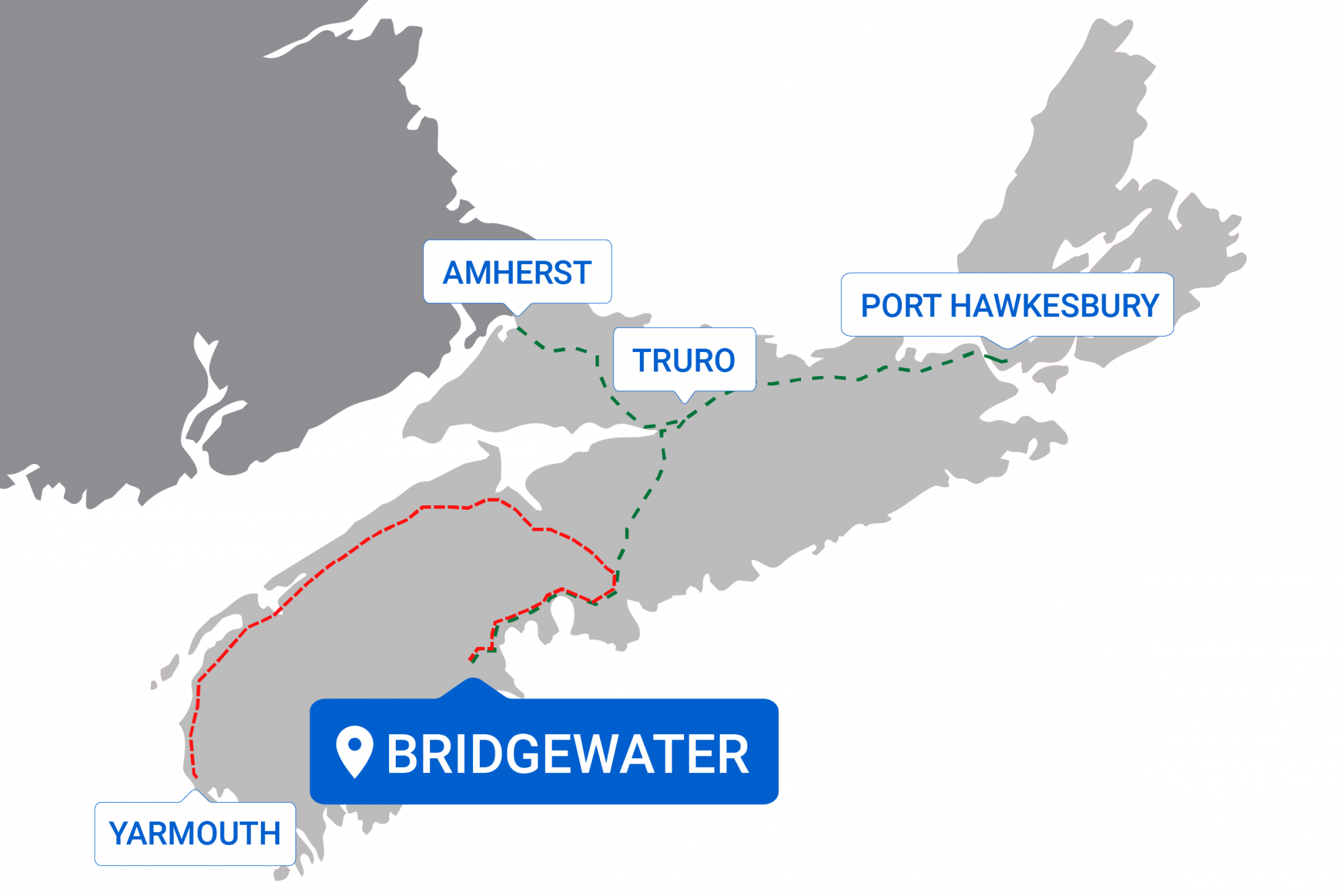 Map of destinations from Bridgewater