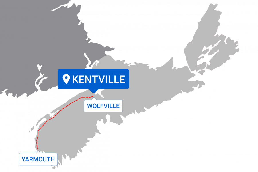 Map of destinations from Kentville