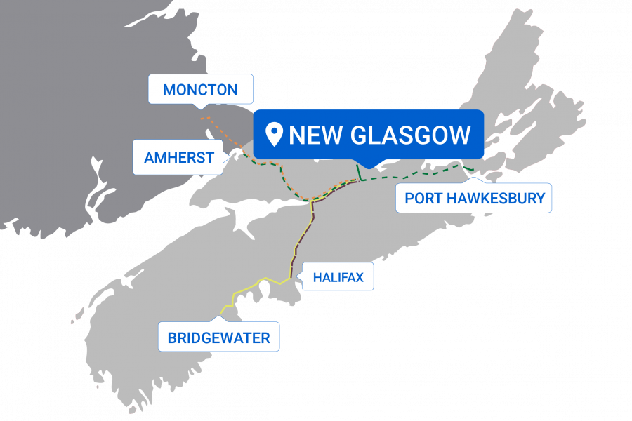 Map of destinations from New Glasgow